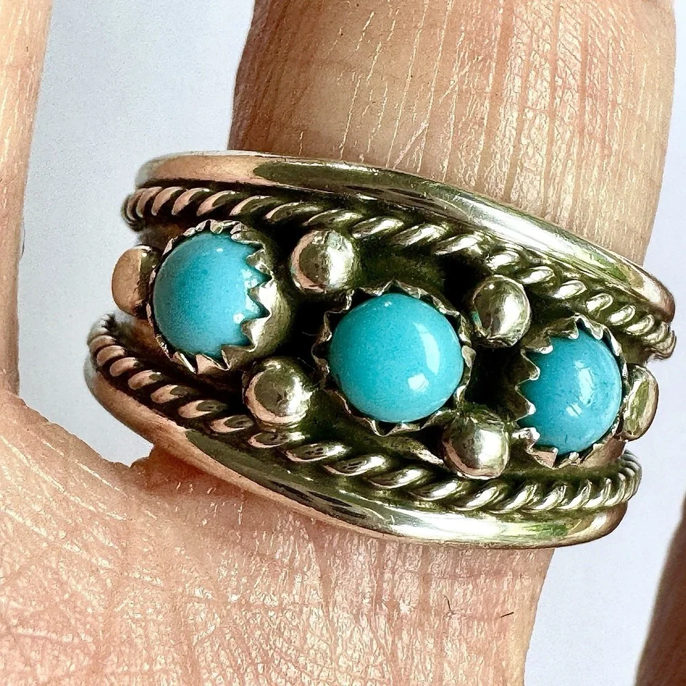 Navajo Turquoise Mens‎ Band Sz 12 Ring 13mm Three Stone Sterling Native Rope